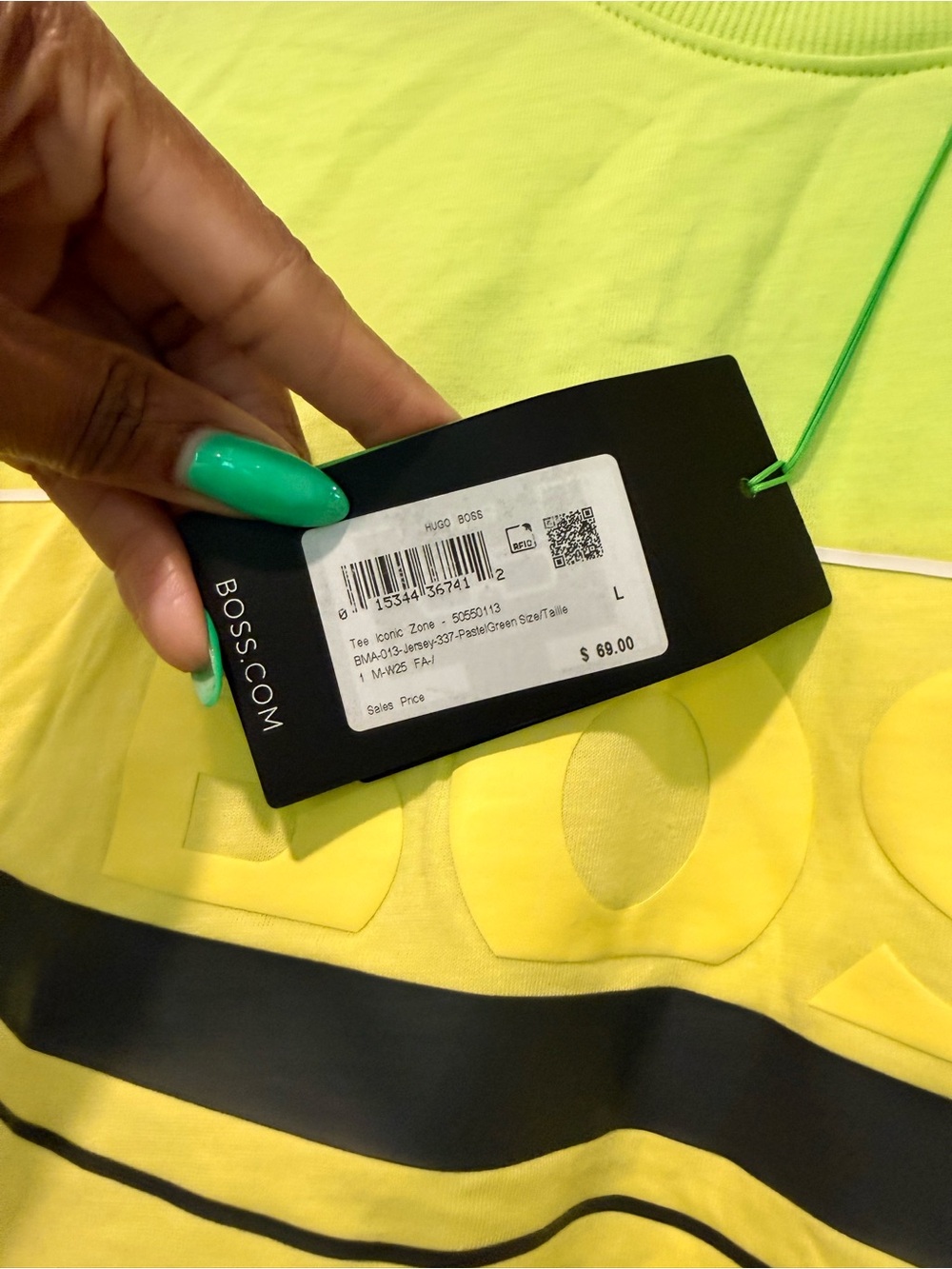 Hugo Boss Neon Yellow Short-Sleeve Logo Tee with Black Stripe - Picture 3 of 3